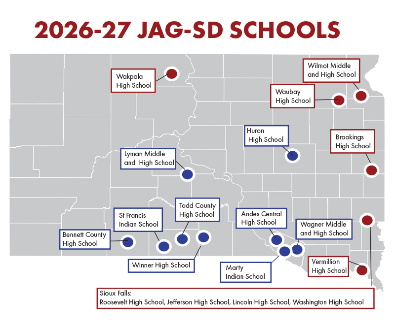 Map of schools with JAG program in South Dakota. Link to pdf.