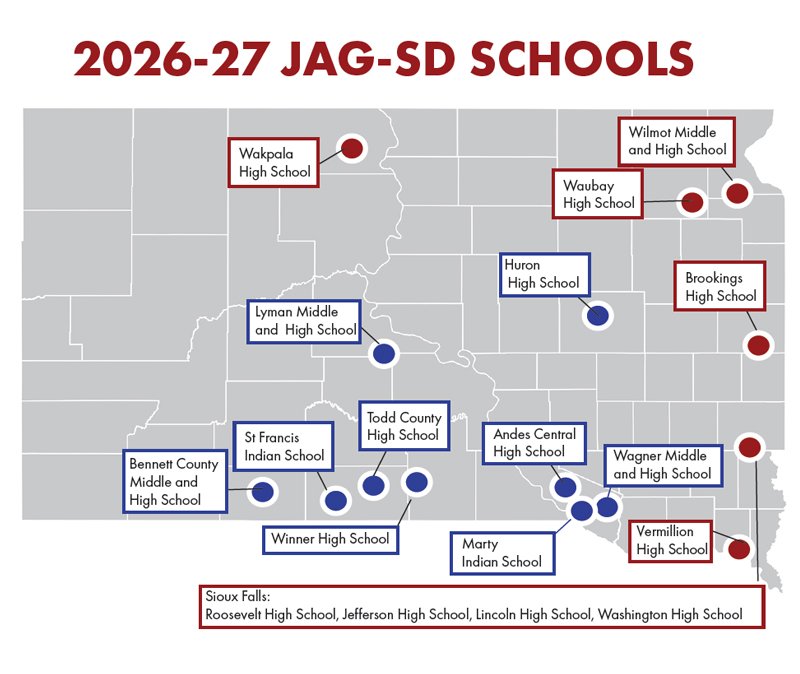 Map of schools with JAG program in South Dakota. Link to pdf.