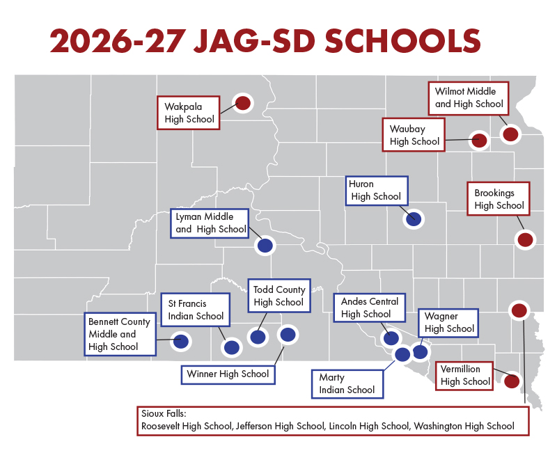 Map of schools with JAG program in South Dakota. Link to pdf.