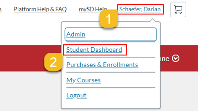 screenshot of dropdown menu with student dashboard outlined in red