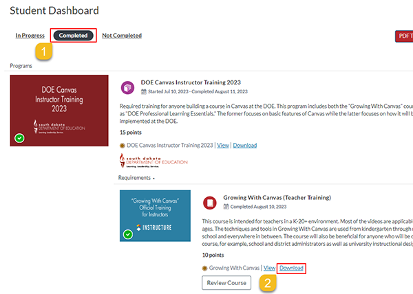 screenshot of dropdown menu with student dashboard outlined in red