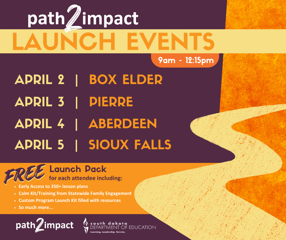 Launch Events. April 2, Box Elder. April 3, Pierre, April 4, Aberdeen, April 5, Sioux Falls. 9 a.m. to 12:15 p.m. Link.