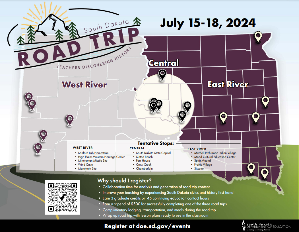 Map of tenative stops during 2024 South Dakota Road Trip. Link.