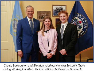 Champ Baumgarten and Sheridan Voorhees met with Sen. John Thune during Washington Week. Photo credit: Jakub Mosur and Erin Lubin.