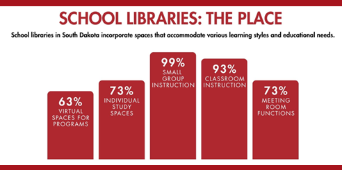 School Libraries: The Place. 63% Virtual Spaces for programs. 73% individual stury spaces. 99% small group instruction. 93% classroom instruction. 73% meeting room functions.